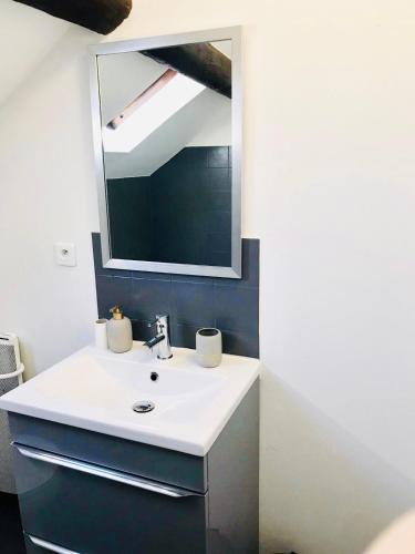 une salle de bain avec un lavabo blanc et un miroir dans l'établissement AU PETIT BONHEUR, à Épernay