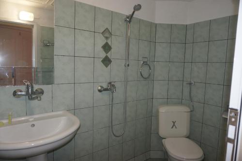 a bathroom with a shower and a toilet and a sink at Lenny in Kranevo