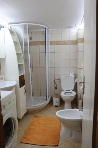 uma casa de banho com um chuveiro, um WC e um lavatório. em Sea and Sun apartment em Nea Peramos