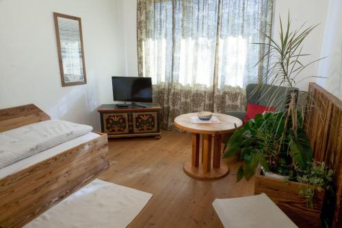 a room with a bed and a table and a television at Haus Kogler in Inzersdorf im Kremstal