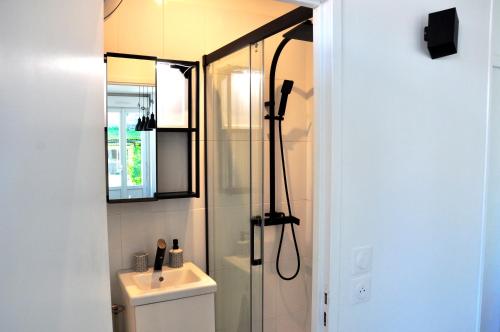 une salle de bain avec une douche avec des toilettes et un lavabo dans l'établissement Studio cosy - le châtelain, à Dieppe