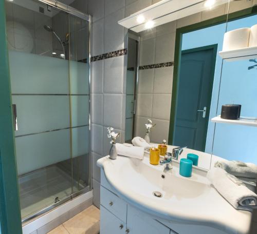 a bathroom with a sink and a shower and a mirror at La Ciotat Le Saint Estève in La Ciotat