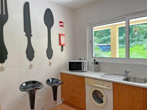 uma cozinha com uma máquina de lavar roupa e um lavatório em Thermal River Apartment nas Furnas