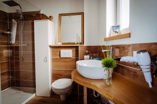 a bathroom with a sink and a toilet and a mirror at Das Appartement in Marsberg