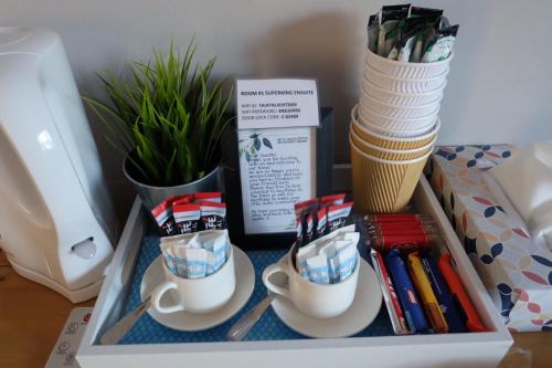 a drawer with two cups and chopsticks and a plant at 15 Bronant in Talgarth