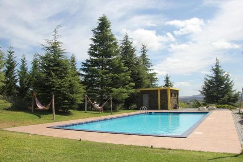 una piscina en un patio con un columpio en Quinta Do Salgueiro B&B - Turismo Rural, en Freixo de Espada à Cinta