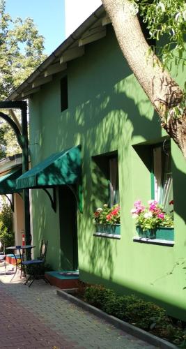 a green building with two windows with flowers in them at Bölsche Hotel in Berlin