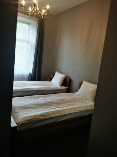 two beds in a small room with a window at Hotel Kārklu Muiža in Jelgava