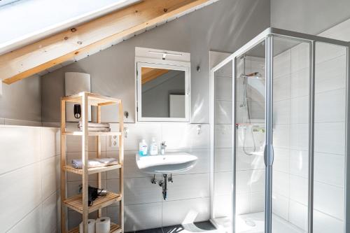 y baño con lavabo y ducha. en Ferienwohnung Bad Camberg - Apartment Goldener Grund en Bad Camberg