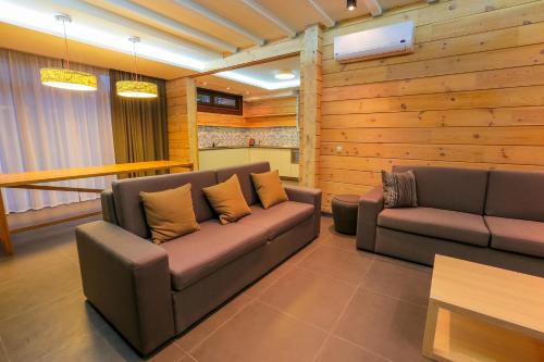 a living room with a couch and a table at Трипільське Сонце in Podgortsy