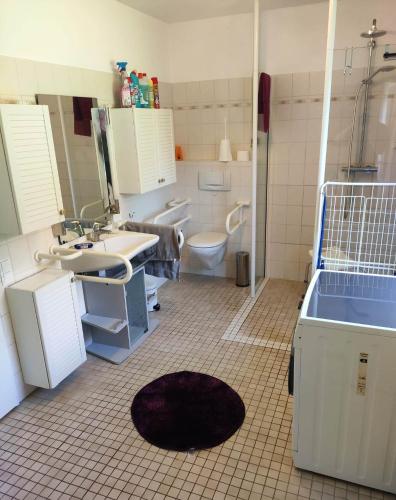 a bathroom with a sink and a toilet at Ferienhaus Emden Zur Mühle Nordseeküste in Emden