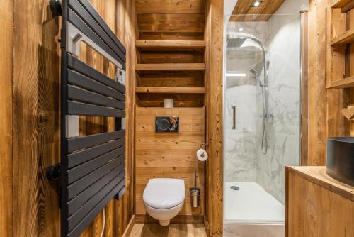 La salle de bains est pourvue d'une douche et de toilettes. dans l'établissement Flocon des Neiges, à Praz-sur-Arly