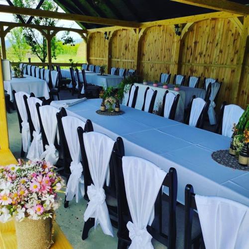 a set up for a wedding with a blue table and chairs at Casa Florus in Şieu