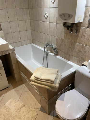a bathroom with a tub and a toilet and a sink at City Center Apartment in Katowice
