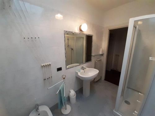 a bathroom with a sink and a toilet and a mirror at GRU HOME Cozy home very central,refined,5 beds,box in Grugliasco