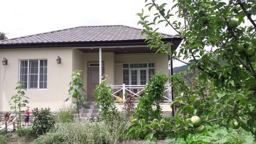 a white house with a dog sitting on the porch at Abbasov's guest house-In Lahij in Lahıc