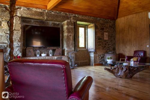 a living room with a couch and a table and a television at Quinta da Urtigueira in Felgueiras