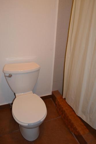 a bathroom with a white toilet and a shower curtain at Mexico City Hostel in Mexico City