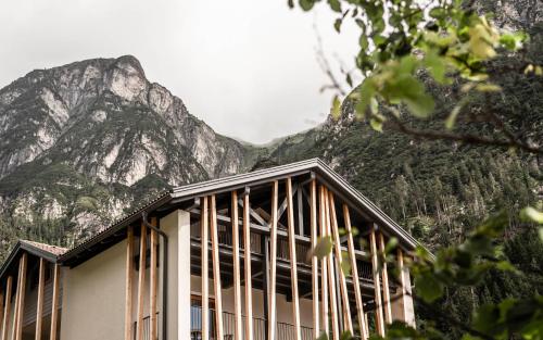 a building with a mountain in the background at LaMonte Premium Apartments by Feuerstein in Colle Isarco