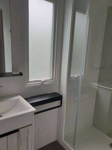 une salle de bain avec une douche et un lavabo et une fenêtre dans l'établissement CAMPING RÊVE DES ILES, à Argelès-sur-Mer