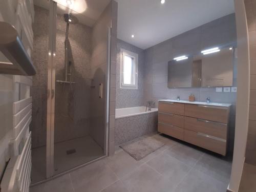 塞夫里耶的住宿－Villa du Lac - Clos Berthet，带淋浴、盥洗盆和浴缸的浴室