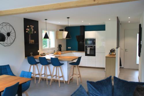 une cuisine avec des chaises bleues et une table en bois dans l'établissement Villa du Lac - Clos Berthet, à Sévrier