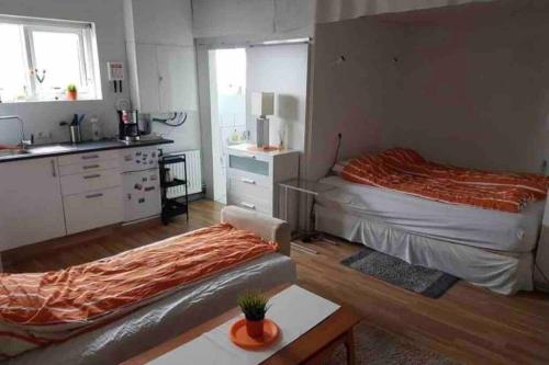 a bedroom with two beds and a kitchen with a sink at Private studio apartment near the airport in Ytri-Njarðvík