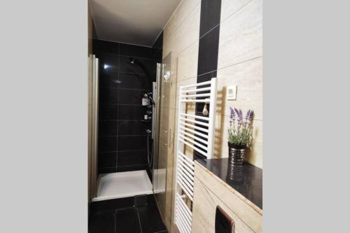 um banheiro com chuveiro, vaso sanitário e pia em Spacious apartment near city center and the beach em Split