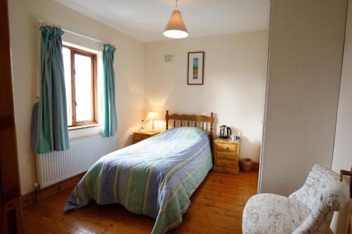 1 dormitorio con 1 cama, 1 silla y 1 ventana en Old Fort Lodge en Sligo