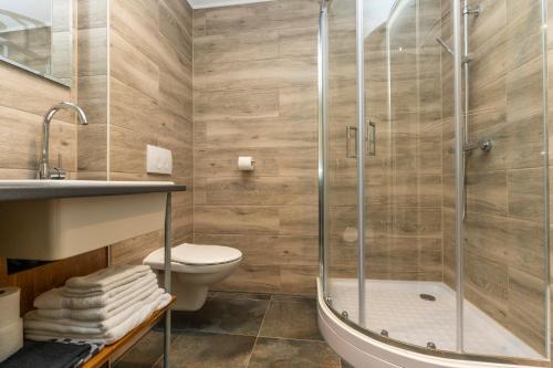 a bathroom with a shower and a toilet and a sink at Johanneshoeve - de mooiste plek op Texel in Den Hoorn