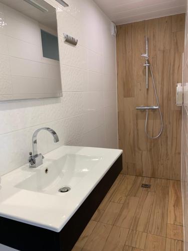 a bathroom with a white sink and a shower at Le clos in Lugrin