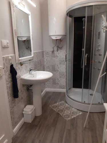 a bathroom with a sink and a shower at Jade Vendégház in Pápa