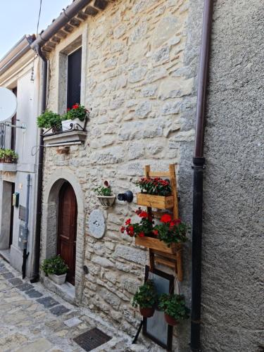 un edificio con macetas al costado. en La Casetta nel Borgo, en Montalbano Elicona