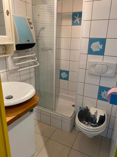 une salle de bain avec une douche, des toilettes et un lavabo dans l'établissement PORT CAMARGUE Studio vue mer, au Grau-du-Roi