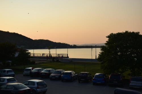 a parking lot with cars parked next to a lake at Villa Bella in Golubac