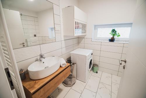 La salle de bains blanche est pourvue d'un lavabo et d'un miroir. dans l'établissement Apartments Rozalija, à Preddvor