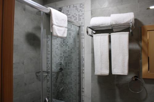 a bathroom with a shower with towels on a rack at Lego Star Hotel in Addis Ababa
