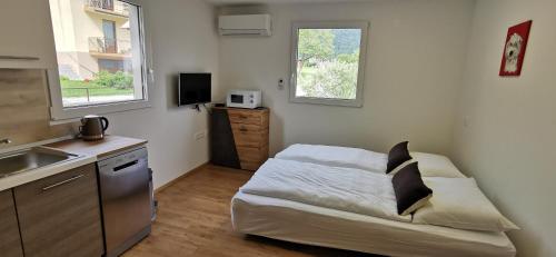 トールミンにあるApartmaji Tmaynkaの小さなベッドルーム(ベッド1台、シンク、窓2つ付)