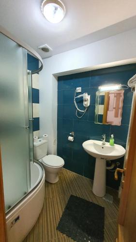 een badkamer met een toilet, een wastafel en een douche bij Naiada in Ostrov