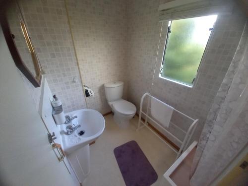 La salle de bains est pourvue d'un lavabo, de toilettes et d'une fenêtre. dans l'établissement Agroturystyka u Rolnika - D Holender, à Stare Nowakowo