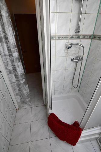 a bathroom with a shower with a red rug on the floor at APARTMENTS V+K in Tatranska Strba