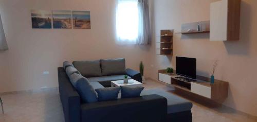 バラトンベレーニにあるHoliday home Balatonbereny/Balaton 18110のリビングルーム(青いソファ、テレビ付)