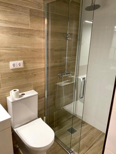 a bathroom with a toilet and a glass shower at Opera Suites Fidelio , cozy studio in the very center of Madrid in Madrid