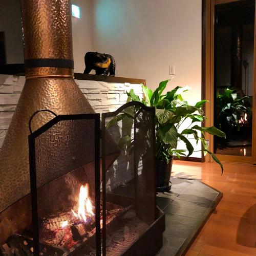 a fireplace in a living room with a fire in it at Bears Den Mountain Lodge in Hakuba