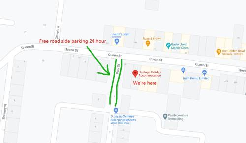 a screenshot of a google map with a green arrow at Heritage Holiday Accommodation in Pembrokeshire