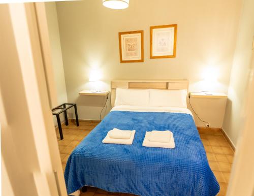 een slaapkamer met een blauw bed met 2 handdoeken erop bij Departamento Moreno in Santa Rosa
