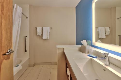 Holiday Inn Express & Suites - Roswell, an IHG Hotel في روزويل: حمام مع حوض ومرآة وحوض استحمام