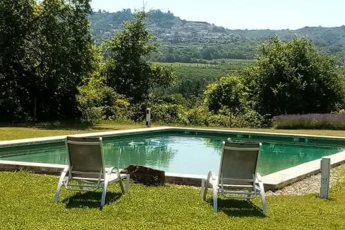 duas cadeiras sentadas em frente a uma piscina em Le Tilleul em Lacoste