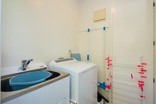 a laundry room with a sink and a washing machine at Beachfront Cottage Mangamaunu in Kaikoura