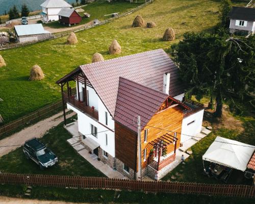 eine Luftansicht eines Hauses mit einem Auto davor in der Unterkunft Pensiunea Maris, Maguri, Maguri-Racatau in Bogdăneşti